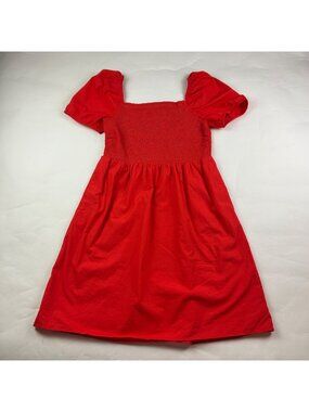 LOFT Red Cotton Smocked Bodice Puff Sleeve Mini Dress M